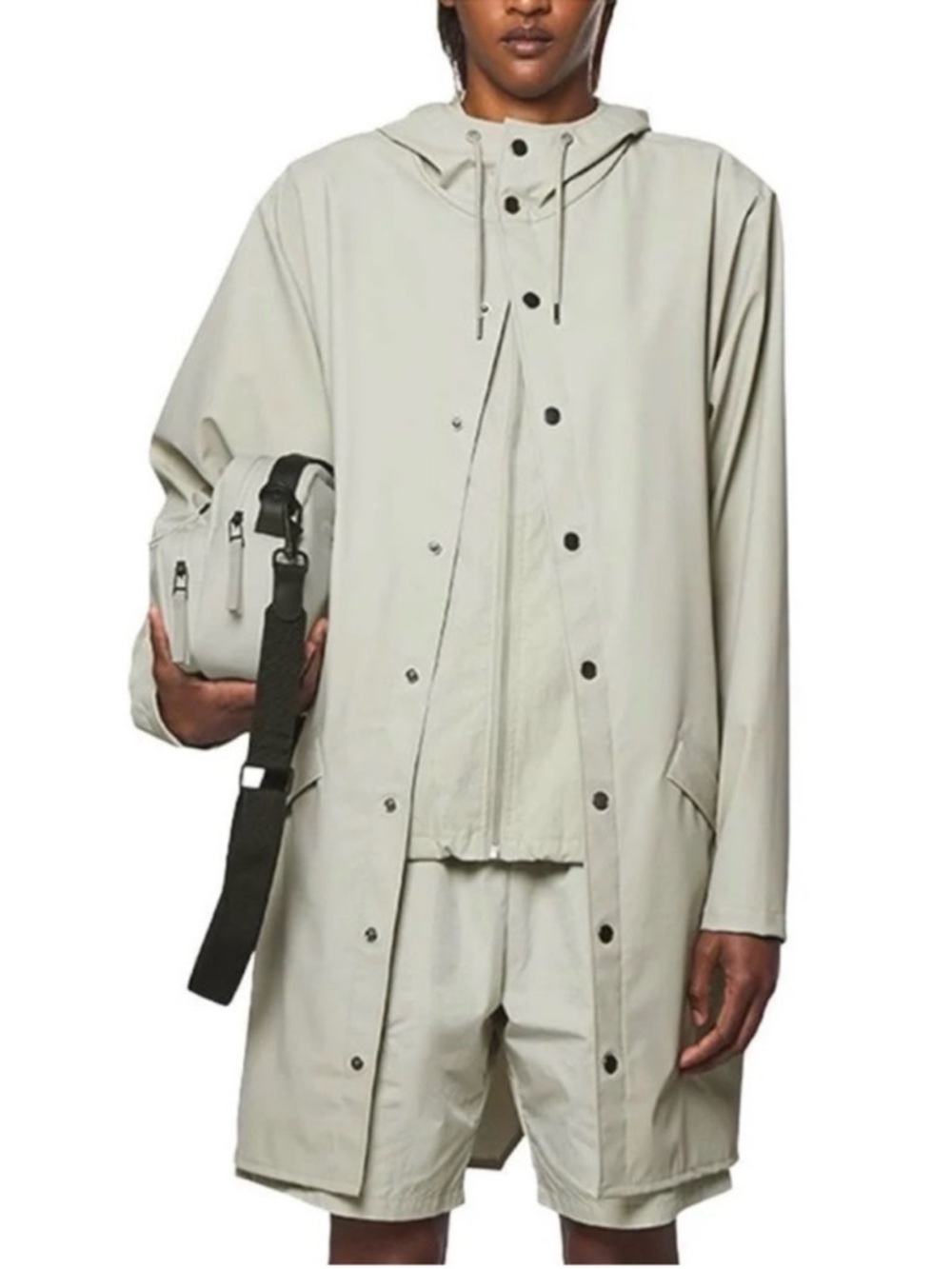 RAINS Long Jacket Unisex Cement Gray Size L Hooded Raincoat $140 NWT Waterproof